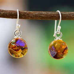 Jolly World,'Round Ginger Dichroic Art Glass Dangle Earrings from Mexico'