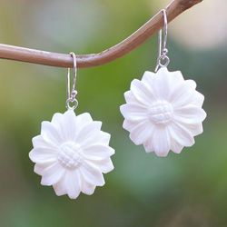 Snowy Sunflower,'Hand-Carved Sunflower-Shaped Dangle Earrings'