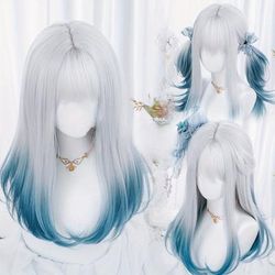 Synthetic Wig Long Straight Ombre 2 Tone Silvery Grey Blue Hair For Cosplay With Bangs Anime Cosplay Wig Costume Wig