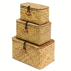 3pcs Woven Storage Box With Lid, Handwoven Storage Bin, Wicker Woven Basket, Boho Decorative Desktop Storage Organizer, Multipurpose Container For Sundries Storage