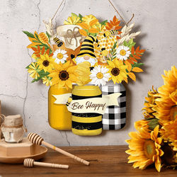 1pc, Bee Happy Wooden Hanging Party Holiday Home Welcome Sign Honey Pot Flower Wall Decoration, Fall Decor, Welcome Decor For Front Door, Door Decor, Thanksgiving Day Decor, Home Decor, Room Decor