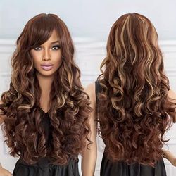 Long Curly Wave Wig For Women Balayage Wig With Brown Highlights Hair, Middle Part Curly Wavy Wig For Women Body Waves Wigs With Bangs Daily Party Use Wig