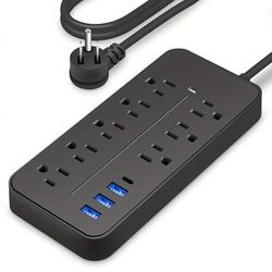 12 In 1 Maximize Your Outlet Space - 8 Ac Outlets, 3 Usb & 1 Type-c Ports, 4ft Extension Cable, Black Power Strip & Protector For Home, Office, Kitchen, Garage & Dorms