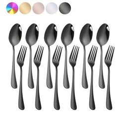 12pcs Stainless Steel Black Silverware, Salad Spoon And Fork, Dessert Spoon And Fork, Mirror-polished Dishwasher Safe, 6 Spoon And 6 Fork For Home, Kitchen Or Dining Room For Restaurants
