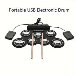 Black Hand-rolled Silicone Folding Drum Portable Usb Electronic Drum Hip-hop Style Jazz Drum Portable Hand-rolled Electronic Drum Performance Instrument (requires External Speakers To Sound)
