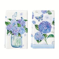 2pcs, Hand Towels, Hydrangea Vase Butterfly Pattern Kitchen Towel, Spring Theme Decorative Dishcloth, Seasonal Holiday Tea Towel, Kitchen Supplies, Room Decor