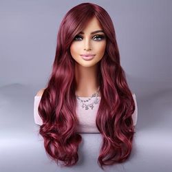 Long Reddish Brown Curly Wig With Bangs For Women Curly Wavy Wigs Synthetic Heat Resistant Fiber For Daily Party Cosplay Use