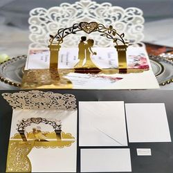 4pcs/set, 3d Pop Up Wedding & Engagement Anniversary Invitation Cards With Bride & Groom Heart Design Wedding Supplies