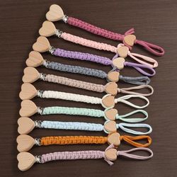 1pc Braided Pacifier Chain, Heart-shaped Wooden Clip, Pacifier Holder