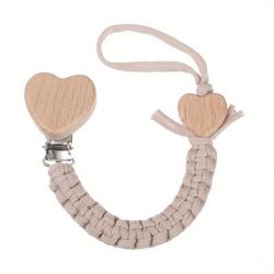 1pc Braided Pacifier Chain, Heart-shaped Wooden Clip, Pacifier Holder