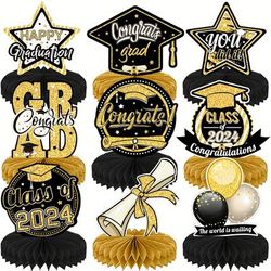 9pcs, 2024 Graduation Honeycomb Centerpieces Decorations, Class Of 2024 Congrats Grad Table Toppers, Black Golden Graduation Centerpieces For Graduation Party Favor Supplies