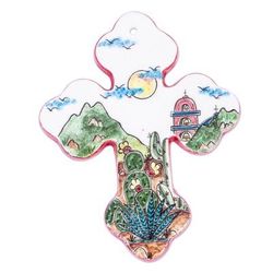 Hometown Mexico,'Hand Painted Mexican Town Scene Ceramic Wall Cross'