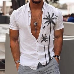 Per uomo Albero di Cocco Piante Tropicali Camicia hawaiana estiva Camicia Aloha Manica Corta Camicia Collo ripiegato Moda Confortevole Vacanza Casuale Quotidiano Bianco Blu Cachi S M L