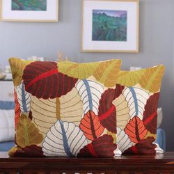 'Leafy-Patterned Multicolor Cotton Cushion Covers (Pair)'