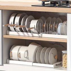 1pc Expandable Kitchen Cabinet Pot Organizer Rack, Adjustable Divider, Multi-purpose Pots And Pans Storage Solution, Durable Construction, Space Saving Design, For Cafe, Restaurant, Bakery