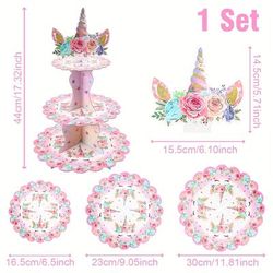 1 Set, Cute Cupcake Stand - Cute Birthday Party Decorations 3-tier Cardboard Dessert Tower Holder Round Serving Tray Stand Horn Theme Supplies