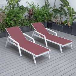 LeisureMod Marlin Patio Chaise Lounge Chair With Armrests in White Aluminum Frame, Set of 2 - Leisurmod MLAW-77BRG2