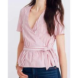 Madewell Tops | Madewell Cotton Ruffle-Hem Wrap Short Sleeve Top Stripe Mix Xs | Color: Pink/White | Size: Xs
