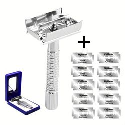 Safety Manual Razors For Men, Long Handle Adjustable Blade Exposure Double Edge Razor, Brass Butterfly Open Manual Shaver, Metal Reusable Shaver With 10 Blades