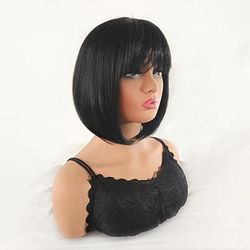 Elegant Short Black Bob Wig With Straight Bangs, Heat Resistant Synthetic Hairpiece, Perfect For Daily Wear & School Party Accessory