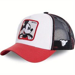 Cool Classic Cute Curved Brim Baseball Embroidery Mickey Cotton Trucker Hat, Breathable Snapback Hat For Casual Leisure Outdoor Sports