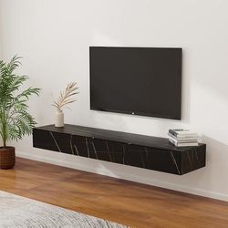 Modern Wall-Mounted TV Stand, Black Floating TV Cabinet with Drawers Matte Sintered Stone, Storage, Flip-down Door, Wall Hung,70.87"
