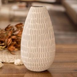 'Hand-Painted Modern Ceramic Vase in Ivory and Grey'