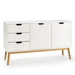 Credenza 3 cassetti e 2 porte bianco, pino massiccio, 140 cm larghezza