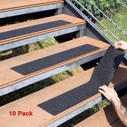 "TEMU 10pcs Heavy Duty Non-slip Outdoor Stair Treads, Black Pre-cut 80 Grit Rubber Grip Tape For Stairs, Skateboards, And Decks - 4"x30" Traction Adhesive Step Strips"