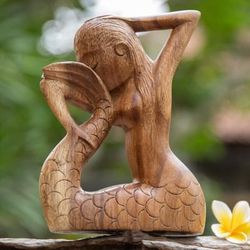 'Hand-Carved Signed Wood Yoga Meditation Mermaid Sculpture'