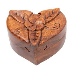 'Hand-Carved Floral Brown Suar Wood Puzzle Box from Bali'