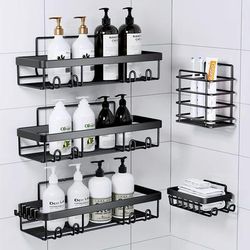 TEMU 5pcs/set Shower Caddies, Bathroom Shower Organizers, Black Shower Shelves For Inside Shower, Stainless Steel Adhesives Wall Mounted Rack, Home Organization And Storage, Bathroom Accessories