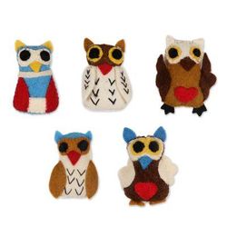 Happy Owls,'Colorful Wool Felt Owl Ornaments from India (Set of 5)'