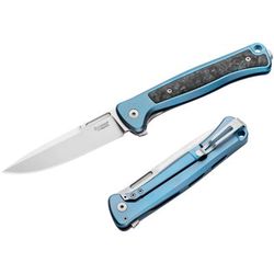 Lionsteel Skinny Framelock Folding Knife by Michele Pensato 4.5in Closed 3.5in Stonewash CPM MagnaCut Stainless Blade Blue Titanium Handle SK01BL