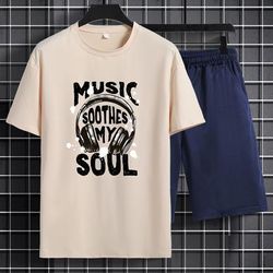 2pcs Headphone Pattern Print Short Sleeve Round Neck T-shirt & Jogger Shorts Set, Comfy Outfits For Men Sports Summer Clothes