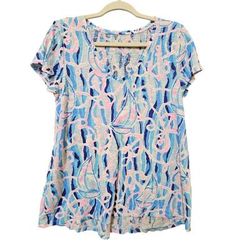 Lilly Pulitzer Tops | Lilly Pulitzer T-Shirt Womens Size M Blue Pink Reel Nauti Short Sleeve V-Neck | Color: Blue | Size: M