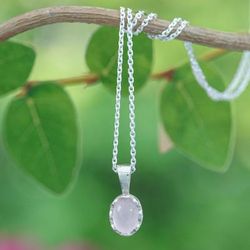 Compassionate Light,'Polished Floral Rose Quartz Cabochon Pendant Necklace'