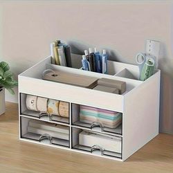 1pc Multipurpose Storage Organizer With 4 Drawers, White Cosmetic Holder For Makeup, Skincare, Perfume, Nail Polish, Desk Accessories, Home Office Dorm Decor, Bathroom Vanity Tray