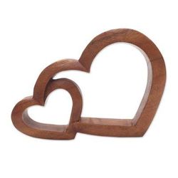 Warm Hearts,'Wood Hand Made Indonesian Brown Connecting Hearts Sculpture'