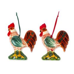 Holiday Roosters,'Maiolica Ceramic Rooster Ornament Pair from Mexico'