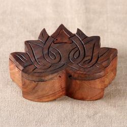 'Lotus-Themed Mango Wood Puzzle Box Handcrafted in India'
