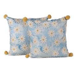 Sky Daisies,'Floral Blue Embroidered Cushion Covers (Pair)'