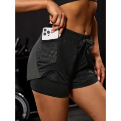 Women's Elastic Sports Shorts, Shorts With Pockets, Fake Two-Piece Yoga Leggings Running And Training