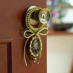 Guadalupe's Emblem,'Religious Green and Brown Glass Beaded Door Knob Hanger'