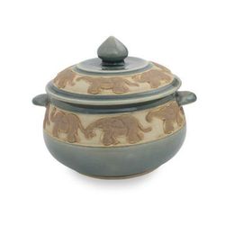 Celadon ceramic covered bowl, 'Blue Elephant Walk'