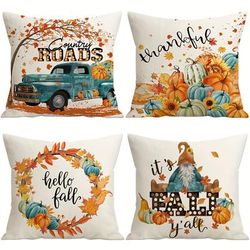 TEMU 4pcs Vintage Truck & Gnome Autumn Throw Pillow Covers, 18x18 Inch - Perfect For Fall Decor, Thanksgiving, And Farmhouse Style Sofa Cushions