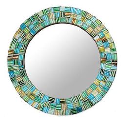 Aqua Trellis,'Artisan Crafted Round Glass Mosaic Mirror in Aqua'