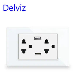Delviz Thai Standard USB Socket, 120mm*72mm Panel,Thailand AC 110~250V,Wall Embedded 15A Power Outlet, 2A type c USB Port Outlet