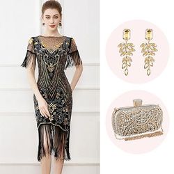 Anni Ruggenti Anni 1920 Lunghezza al ginocchio Abito Flapper Abiti Maniche corte Il grande Gatsby Invitato al matrimonio Paillettes Frangia con nappe Scollo Tondo Costume Per donna Natale Carnevale