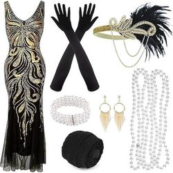 Anni Ruggenti Anni 1920 Lunghezza alla caviglia Vestito Abito da sera Abiti Senza maniche Il grande Gatsby Charleston Invitato al matrimonio Paillettes Piuma Scollo a V Costume Per donna Capodanno